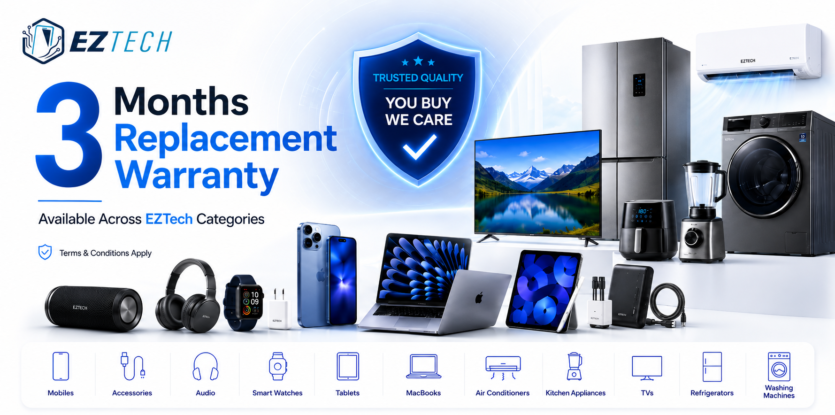 EZTech 3 months replacement warranty across electronics and home appliances. EZTech 3 months replacement warranty across electronics and home appliances.